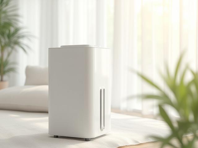 A sleek, modern air purifier operating in a clean living space