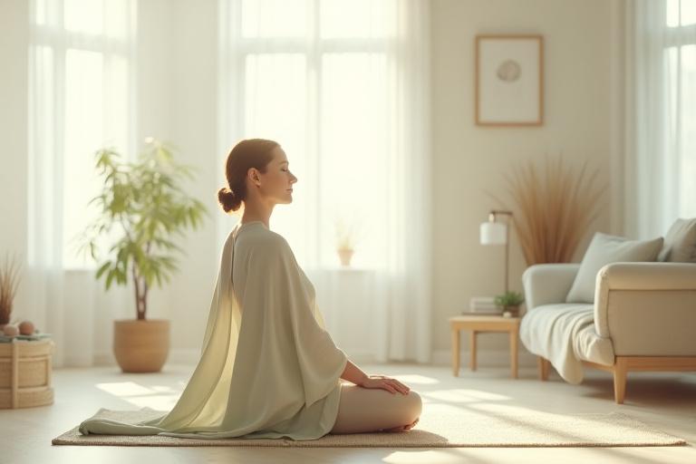 Woman practicing mindful stretching in a sunlit room, emphasizing inner peace and well-being