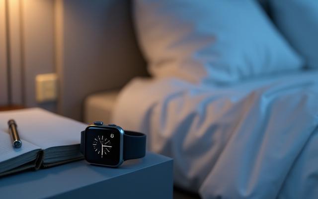 Smartwatch on a bedside table tracking sleep, with soft morning light.