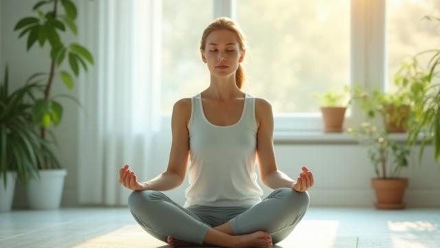 A serene woman meditating outdoors with focused expression
